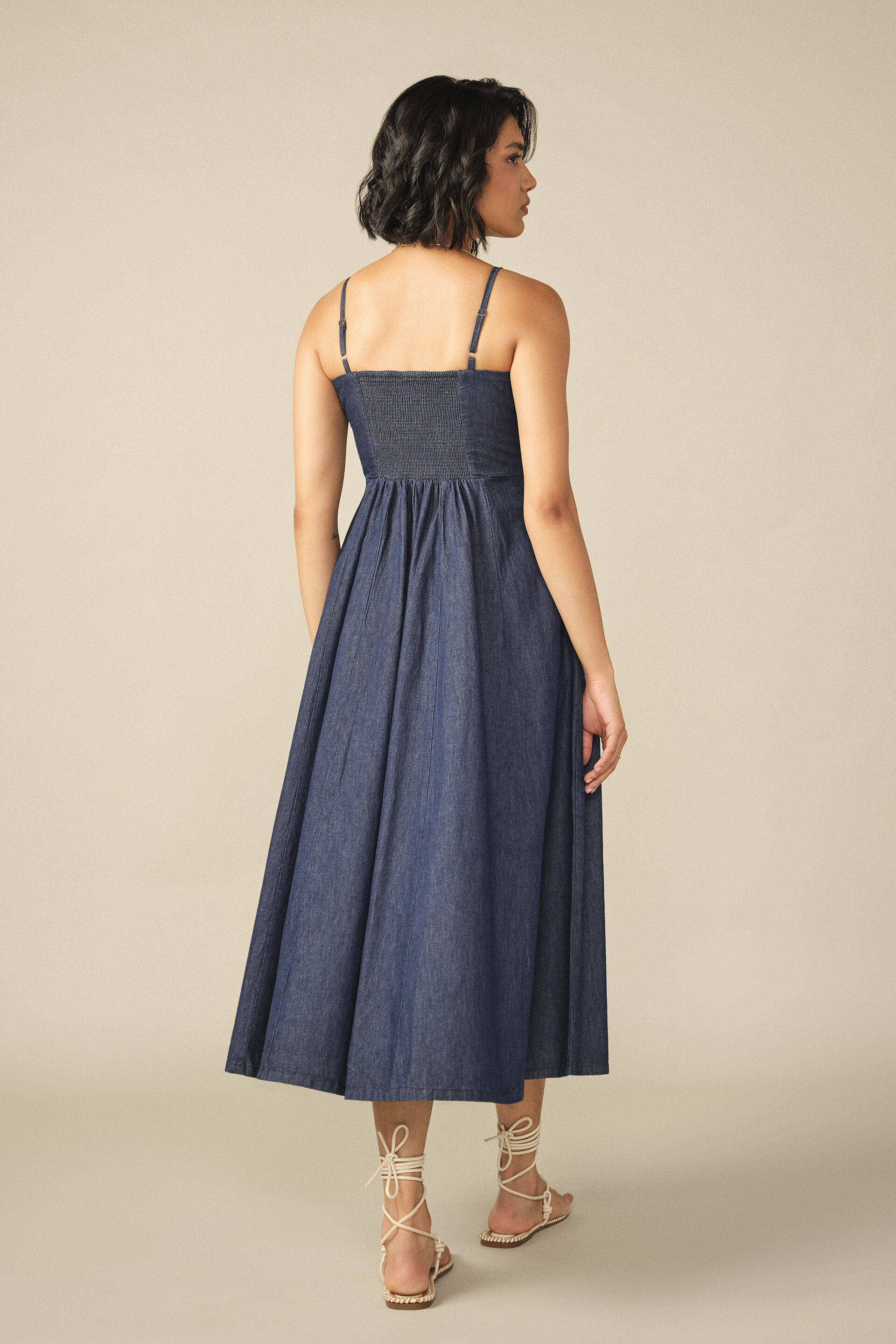 Fit & Flare Embroidered Dress in Denim Blue, Denim, image 6